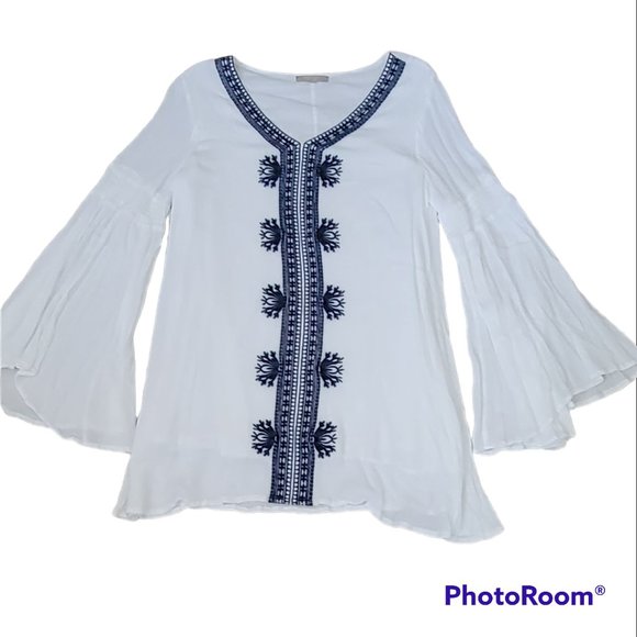 Joan Vass Embroidered Boho Bell Sleeve Tunic Oversized Longline Flowy Gauzy - Picture 10 of 11